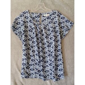 Boden Top Ravello Silk Blend Navy Blue Floral Print Short Sleeve SZ US 10 UK 14